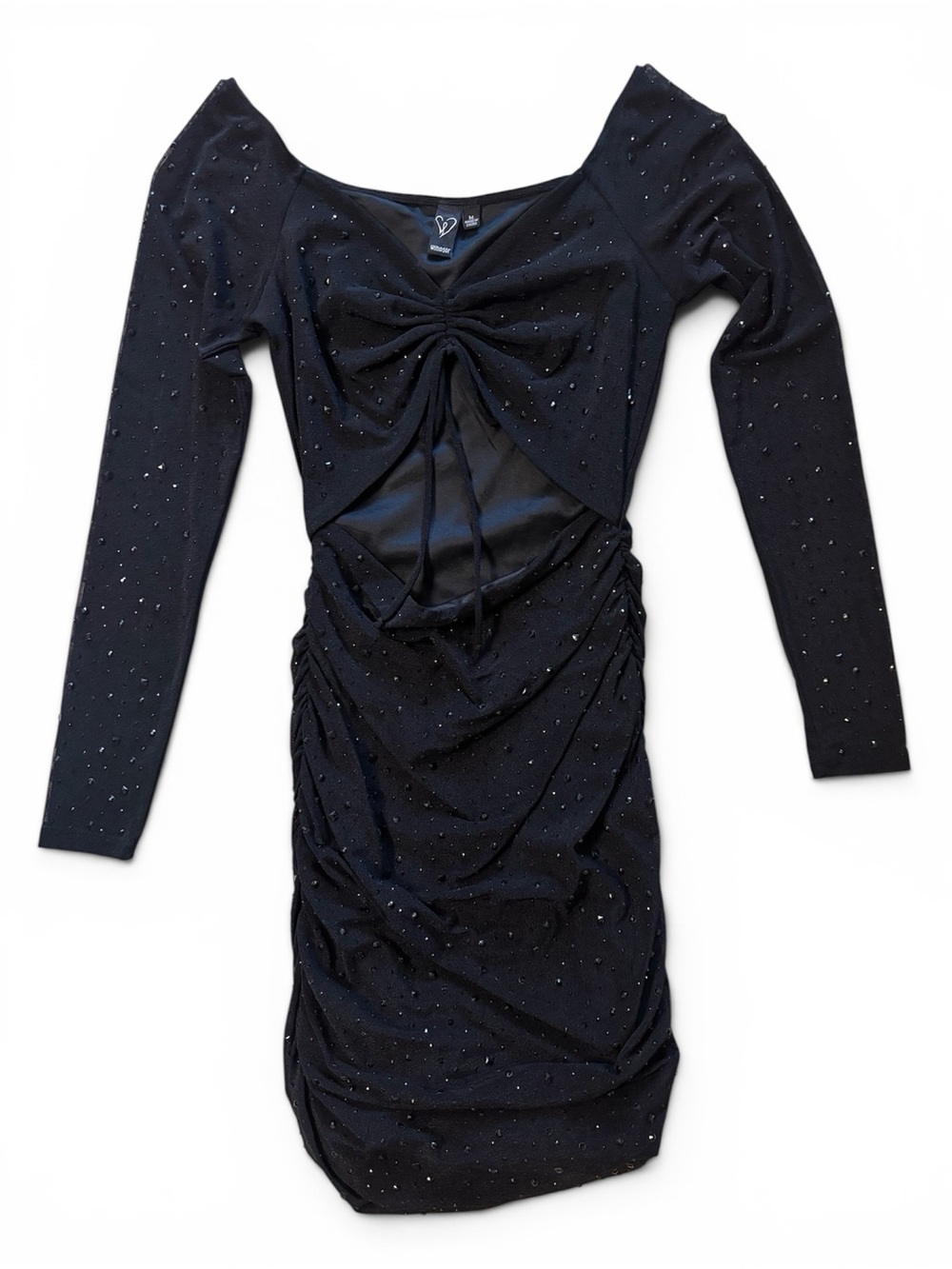 Black Long-Sleeve Ruched Cutout Dress